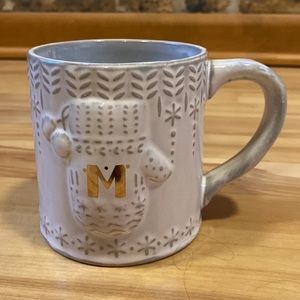 Anthropologie embossed mitten “M” snowflakes winter Christmas holiday mug